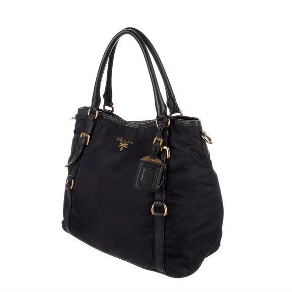 Prada Buckle Tote Bag Navy Tessuto Nylon Black Leather Trim w/Adjustable Handles - Picture 2 of 10